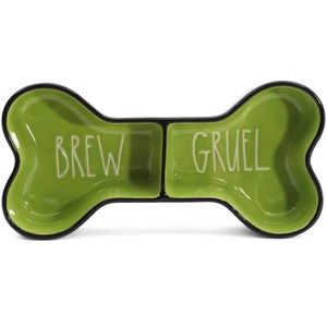 Rae Dunn 2 Section Brew Gruel Green & Black Pet Bowl NIB